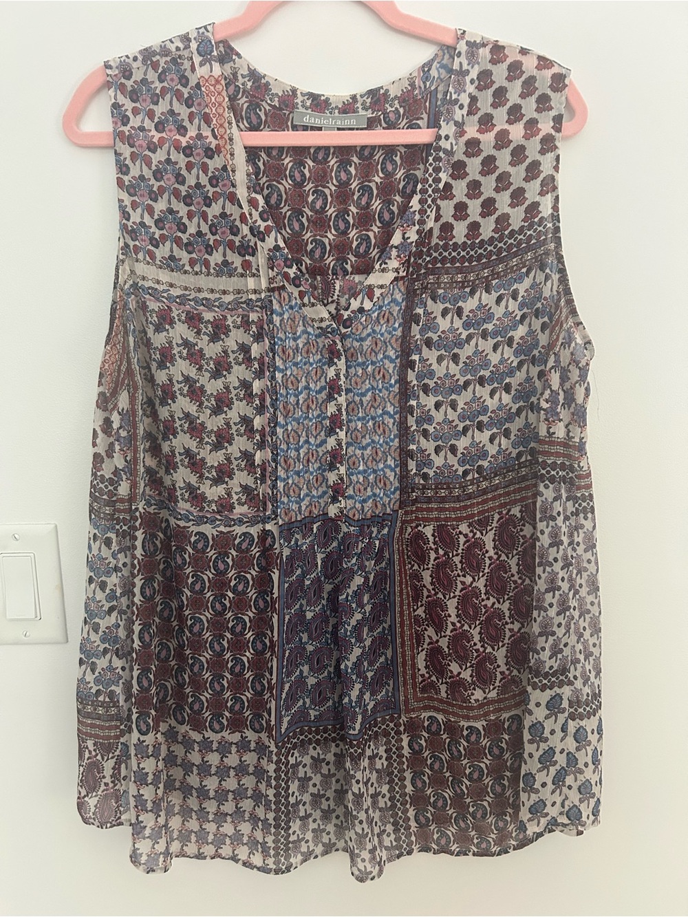 Daniel Rainn Women’s 1X Sleeveless Boho Patchwork Print Blouse Semi-Sheer Top